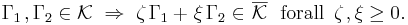 \Gamma_{1\,},\Gamma_2\in\mathcal{K}~\Rightarrow~\zeta_{\,}\Gamma_1+_{_{}}\xi_{\,}\Gamma_2
\in_{_{}}\overline{\mathcal{K}}\textrm{~~for all~\,}\zeta_{\,},\xi\geq0.